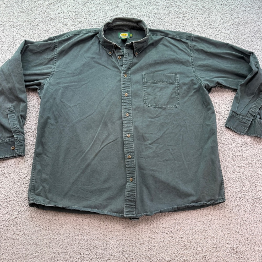 Cabelas Mens 2XL Tall Green Cotton Twill Button Down Shirt Long Sleeve Outdoor